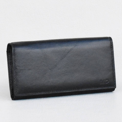 Дамско портмоне от естествена кожа MD, голямо, с вътрешен монетник, черно
