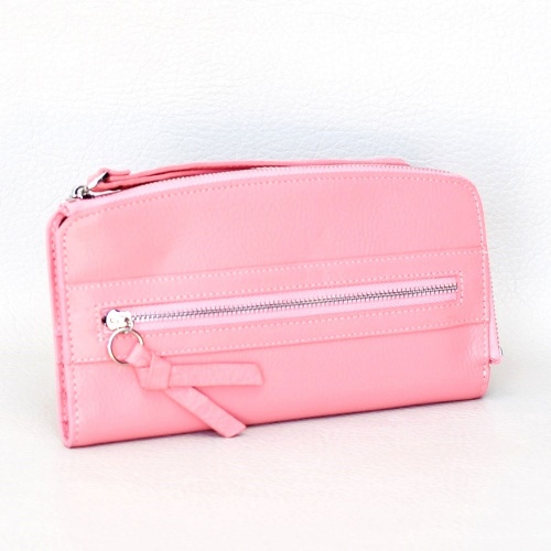 Дамско портмоне от естествена кожа, с много джобчета за карти, компактен модел, розово