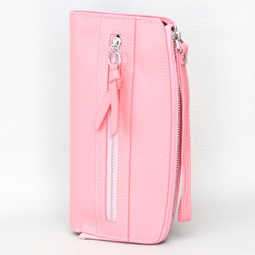 Дамско портмоне от естествена кожа, с много джобчета за карти, компактен модел, розово