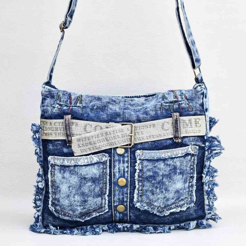 Дънкова дамска чанта с декоративен колан, евтина, с дълга дръжка за носене през рамо
