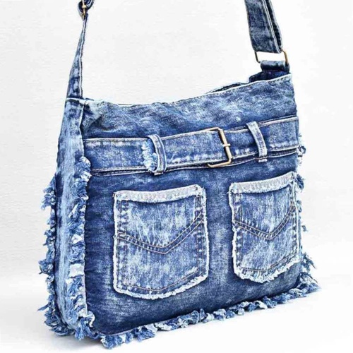 Дънкова дамска чанта с колан и джобчета, евтина, с дълга дръжка за носене през рамо