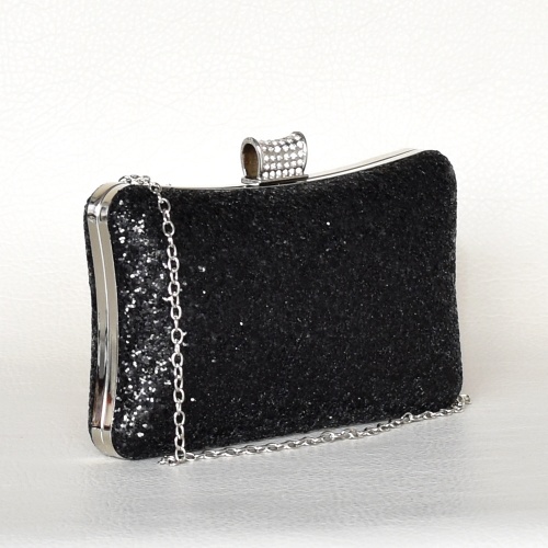 Дамска чанта клъч твърда ефектен дизайн официална покрита с брокат черна