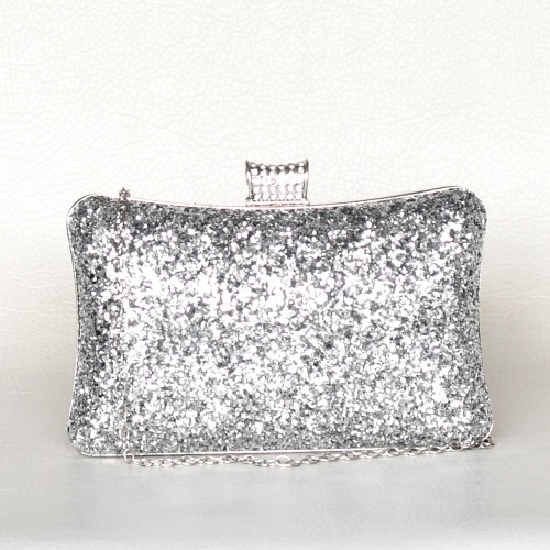 Дамска чанта клъч твърда ефектен дизайн официална покрита с брокат сребърна