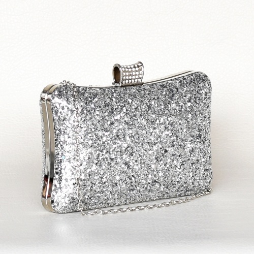 Дамска чанта клъч твърда ефектен дизайн официална покрита с брокат сребърна