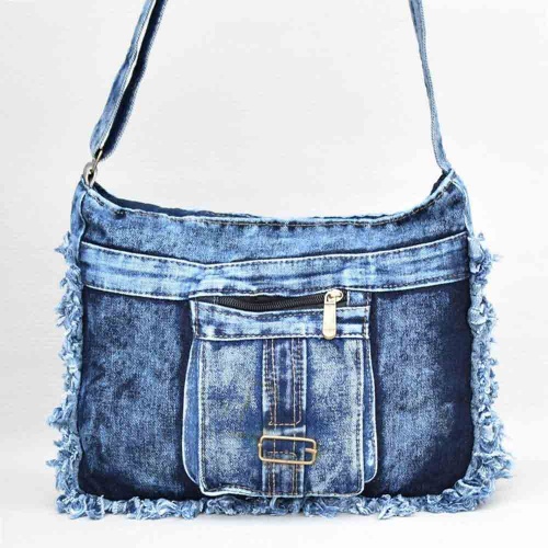 Дънкова дамска чанта с преден джоб с цип, евтина, с дълга дръжка за носене през рамо