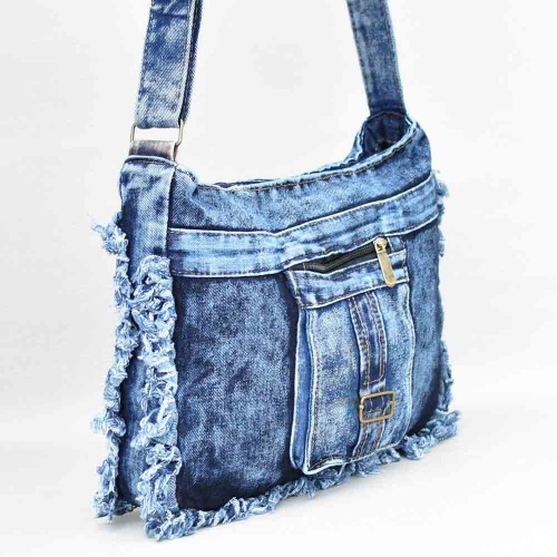 Дънкова дамска чанта с преден джоб с цип, евтина, с дълга дръжка за носене през рамо