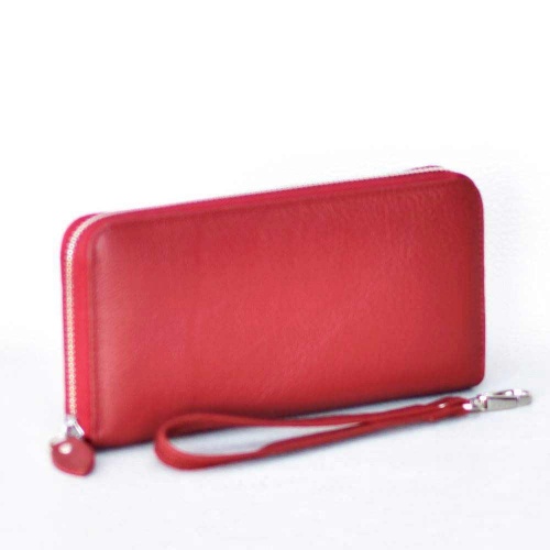 Дамско портмоне от естествена кожа с цип и дръжка за в ръка, червено