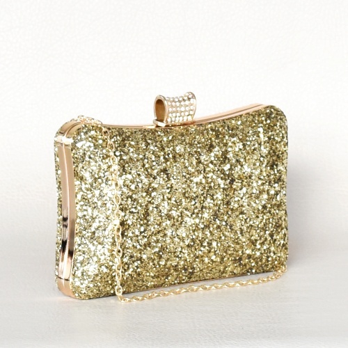 Дамска чанта клъч твърда ефектен дизайн официална покрита с брокат златна