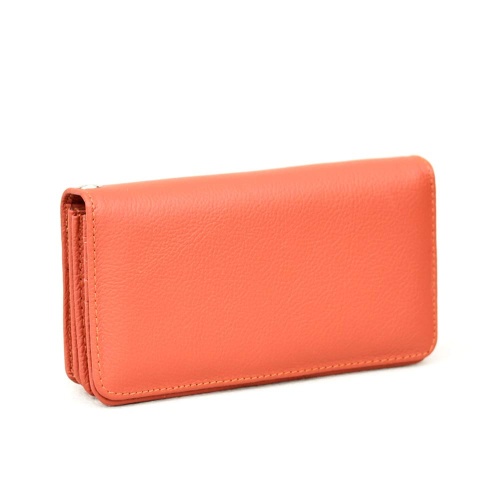 Дамско портмоне от естествена кожа с външен монетник с цип, среден размер, оранжево