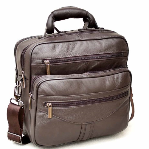 Мъжка чанта от естествена телешка  кожа с много джобчета, височина 27 см, тъмно кафява